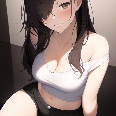 original, original character, nai diffusion, stable diffusion, 1girls, bare shoulders, black hair, breasts, female, female only, hair over one eye, large breasts, midriff, navel, shorts