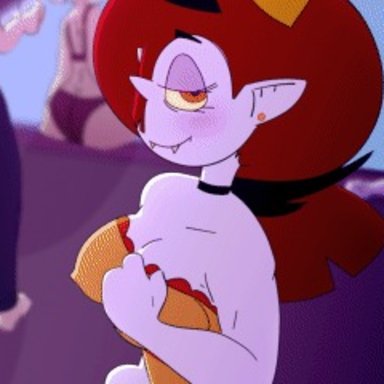 star vs the forces of evil, hekapoo, melieconiek, areolae, big breasts, blush, breast grab, breasts, breasts out, clothes pull, clothing, dress, dress pull, exhibitionism, fangs