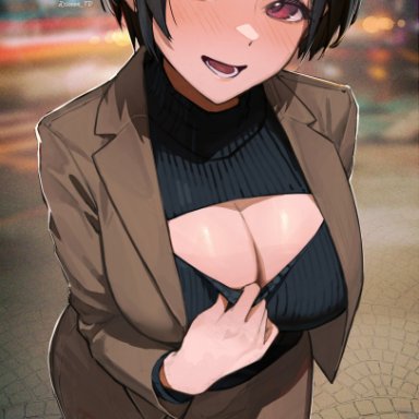 original, sooon, 1girls, black hair, black sweater, blurry, blush, blushing at viewer, breasts, brown jacket, brown skirt, cleavage, cleavage cutout, clothing cutout, female