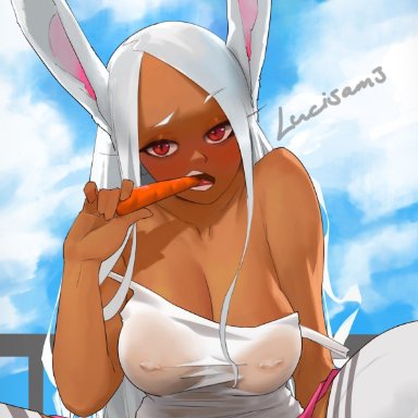 my hero academia, miruko, rumi usagiyama, lucisam, 1girls, animal ears, breasts, bunny ears, cameltoe, carrot, cleavage, dark-skinned female, dark skin, eating, eyelashes