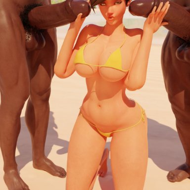 blizzard entertainment, overwatch, tracer, fuckingtracer, 1girls, 2boys, abs, balls, beach, belly button, big balls, big breasts, big penis, bikini, breasts