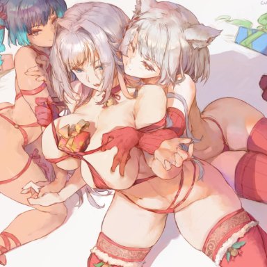 christmas, xenoblade (series), xenoblade chronicles (series), xenoblade chronicles 3, ethel (xenoblade), mio (xenoblade), sena (xenoblade), cutesexyrobutts, 3girls, ass, blue eyes, blue hair, blush, breast size difference, breasts