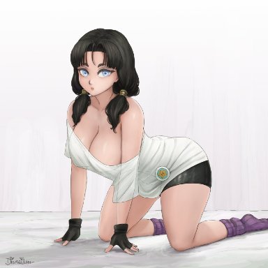 dragon ball, dragon ball z, videl, dismaiden, all fours, big ass, big breasts, cleavage, female, female only, light-skinned female, looking at viewer, socks, thick thighs