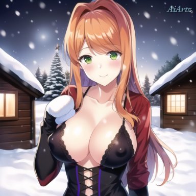 doki doki literature club, aiartz, nai diffusion, stable diffusion, blush, blushing at viewer, cabin, cleavage, collarbone, cute, dominant female, dominatrix, femdom, ginger, gloves