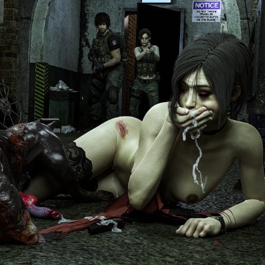 resident evil, ada wong, cerberus (resident evil), chadrat, 1girls, after fellatio, after sex, after vaginal, animal genitalia, animal penis, areolae, big penis, breasts, brown eyes, brown hair