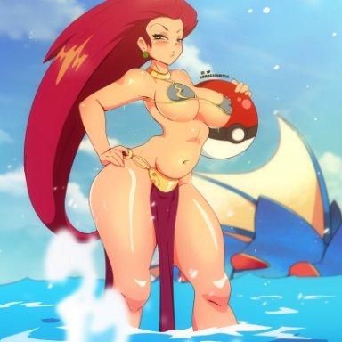 nintendo, pokemon, star wars, jessie (pokemon), slave leia (cosplay), lunaexhabbitix, 1girls, alternate breast size, athletic, athletic female, belly dancer, belly dancer outfit, big breasts, breasts, busty