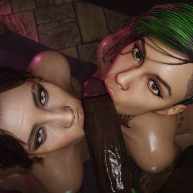 cd projekt red, cyberpunk 2077, judy alvarez, panam palmer, echiee, 1boy, 1boy2girls, 2girls, accessory, big penis, blowjob face, brown eyes, brown hair, brown skin, cock hungry