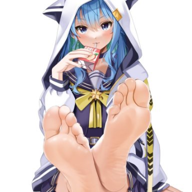 hololive, hoshimachi suisei, casino (artist), casino (casinoep), apple juice, barefoot, blue eyes, blue hair, feet, fetish, foot fetish, foot focus, looking at viewer, sitting, soles