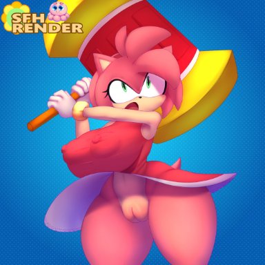 sega, sonic (series), sonic x, amy rose, sadflowerhappy, anthro, big breasts, blue background, breasts, clothed, clothing, dress, eulipotyphlan, female, genitals
