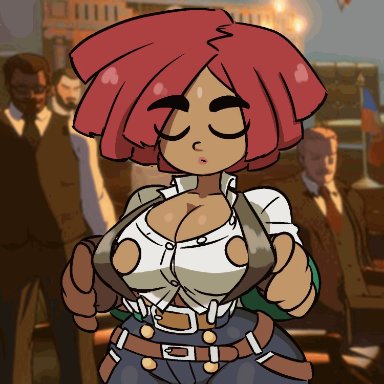 guilty gear, giovanna (guilty gear), jellot, 1girl, bouncing breasts, breasts, bursting breasts, cleavage, dark-skinned male, female, gigantic breasts, huge breasts, large breasts, red hair, shiny