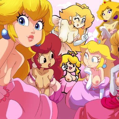 mario (series), paper mario, super mario 64, super mario adventures, super mario bros. (2023 film), paper peach, princess peach, princess toadstool, coolerinker, inker comics, inkershike, 6+girls, bare shoulders, bigarmybug (style), blonde hair