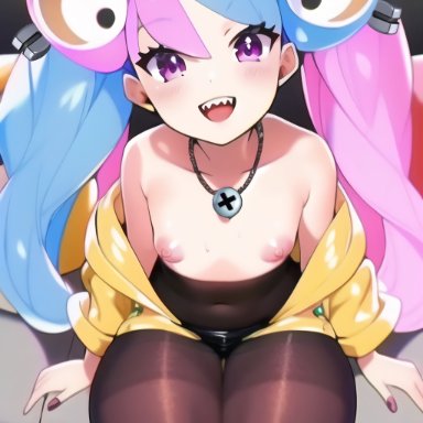 game freak, pokemon, pokemon sv, gym leader, iono (pokemon), lewdful, nai diffusion, stable diffusion, 1girls, blue hair, blush, breasts, character hair ornament, couch, happy