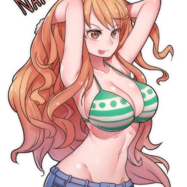 one piece, nami, creeeen, 1girls, arms up, bikini top only, bra, breasts, cleavage, collarbone, huge breasts, jeans, navel, orange eyes, orange hair