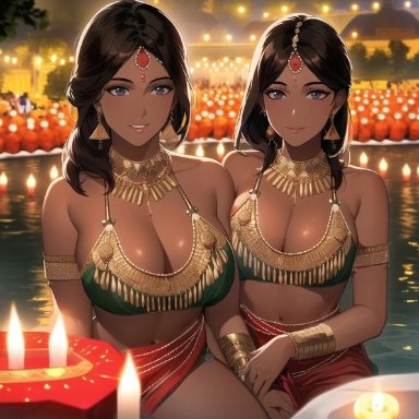 diwali, original, original character, nai diffusion, stable diffusion, 2girls, bangle, beautiful background, big breasts, bindi, black hair, candles, cleavage, dark-skinned female, detailed background