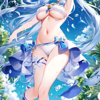 genshin impact, kamisato ayaka, nai diffusion, stable diffusion, 1girls, alternate breast size, alternate costume, bangs, bare shoulders, beach, beach ball, big breasts, bikini, blue eyes, blue hair