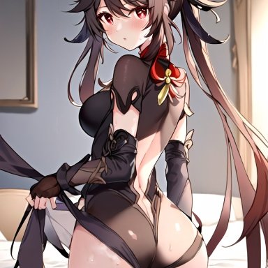 genshin impact, hu tao (genshin impact), nai diffusion, stable diffusion, 1girls, alternate costume, ass, blush, breasts, brown hair, butt crack, female, from behind, hair ornament, leotard