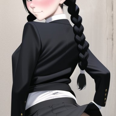 the addams family, wednesday addams, stable diffusion, big ass, blush, blushing at viewer, flashing ass, formal, formal clothes, formal wear, goth, goth girl, gothic, looking at viewer, looking back