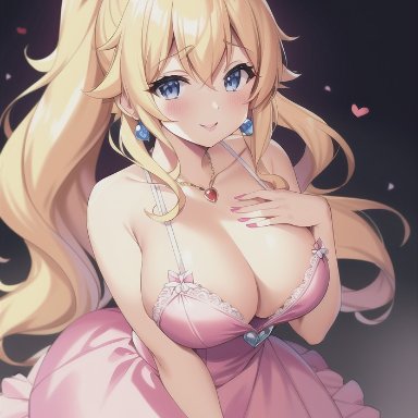 mario (series), princess peach, adrian2605, anything diffusion, stable diffusion, bed, bedroom, big breasts, blonde hair, blue earrings, blue eyes, blush, blushing at viewer, breasts, cleavage