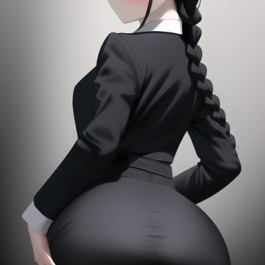 the addams family, wednesday addams, stable diffusion, blush, blushing at viewer, flashing ass, formal, formal clothes, formal wear, goth, goth girl, gothic, looking at viewer, looking back, pale skin