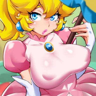 mario (series), nintendo, super princess peach, perry (nintendo), princess peach, toad (mario), bayeuxman, 1girls, big breasts, blonde hair, blue eyes, busty, child bearing hips, covered erect nipples, covered navel