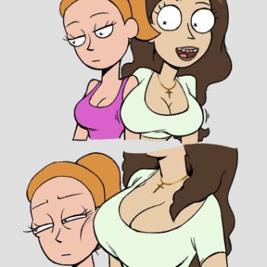 rick and morty, summer smith, tricia lange, yotomoe, 2girls, big breasts, breast envy, breast size difference, breasts, cleavage, female, female only, light-skinned female, light skin, 2022