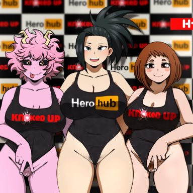 my hero academia, shounen jump, mina ashido, momo yaoyorozu, ochako uraraka, h-lab, 3girls, bare pussy, big breasts, black hair, black sclera, blush, blush stickers, blushing at viewer, breasts