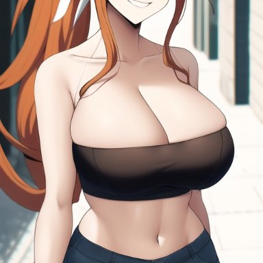 danganronpa, danganronpa 3, yukizome chisa, nai diffusion, stable diffusion, cleavage, huge breasts, jeans, large breasts, looking at viewer, midriff, milf, nail polish, orange hair, outside