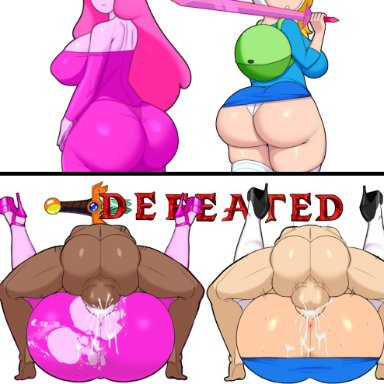 adventure time, fionna the human girl, princess bubblegum, coldarsenal, big ass, big breasts, bubble butt, defeated, gameoveredits, mating press, rape, tight clothing, white background, edit, instant loss 2koma