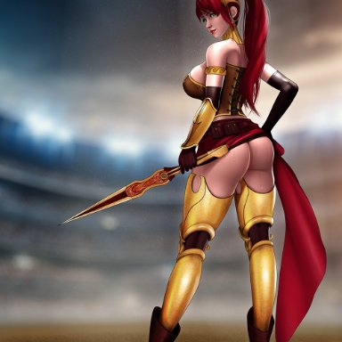 rwby, pyrrha nikos, john reith, 1girls, ankle boots, arena, arm gloves, armlet, armor, armored corset, ass, bangs, bare shoulders, bracer, circlet