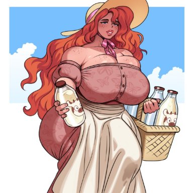 gandg, apron, big ass, big breasts, bulge through clothing, curvaceous, erection under clothes, freckles, futanari, ginger hair, milk, red dress, red hair, solo, commission