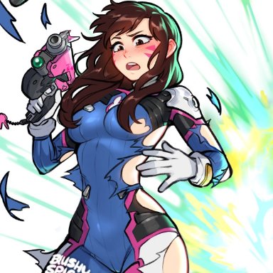 overwatch, d.va, blushypixy, blushyspicy, 1girls, ambiguous background, angry, battle, battlefield, blush, body markings, bodysuit, brown eyes, brown hair, clothed