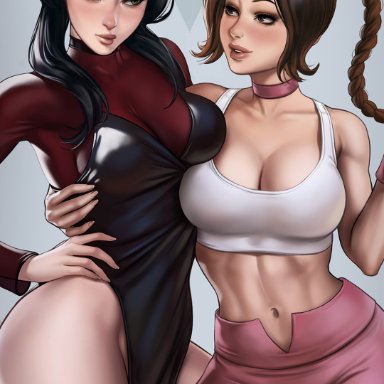 avatar the last airbender, nickelodeon, valentine's day, mai (avatar), ty lee, dandon fuga, 2girls, abs, aged up, alternate breast size, ass visible through thighs, asymmetrical docking, athletic female, bare legs, bare shoulders