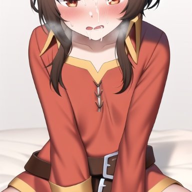 megumin, jordanz12, nai diffusion, stable diffusion, 1boy, 1boy1girl, 1girls, belt, blush, boy, brown eyes, brown hair, cum, cum in hair, cum in mouth