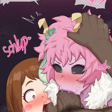 my hero academia, mina ashido, ochako uraraka, poper, 1boy, 2girls, balls, big breasts, big penis, blowjob, blush, breasts, brown hair, dark-skinned male, dark skin