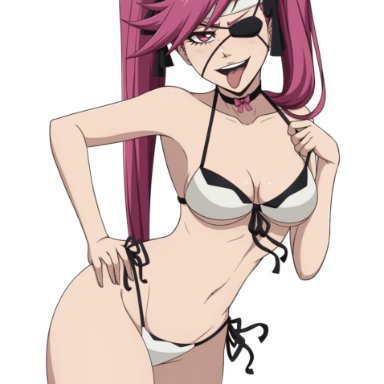 bleach, saitou furoufushi, mistowing, 1girls, bikini, choker, curvy, eyepatch, female, female only, petite, purple hair, solo, thighband, tongue out