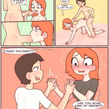 red7cat, 1boy, 1girls, anal, blowjob, blush, embarrassed, holding hands, holding hands is lewd, oral, orange hair, straight, stuttering, color, comic