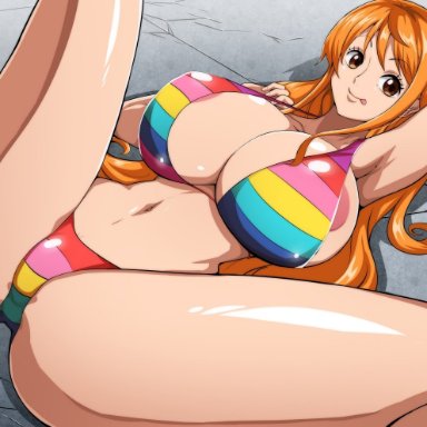 one piece, one piece film z, nami, artist request, 1girls, areola slip, areolae, big breasts, bikini, breasts, brown eyes, cleavage, curvy, female, female only