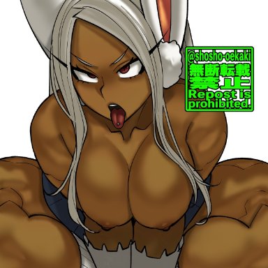 my hero academia, miruko, rumi usagiyama, shosho oekaki, 1girls, ahe gao, animal ears, breasts, bunny ears, dark skin, dark skinned female, eyelashes, female only, gloves, large breasts