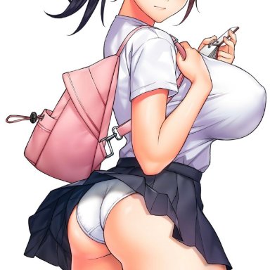 original, raidon, 1girls, ass, ass cheeks, back view, backpack, bag, bakunyuu, bangs, bare thighs, big breasts, big eyes, black hair, black hair female