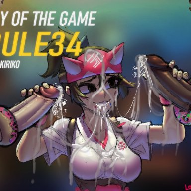 overwatch, kiriko (overwatch), 1girls, 2boys, big penis, clothed female nude male, cum, dark-skinned male, donut, erection, food, foodplay, handjob, huge cock, smile