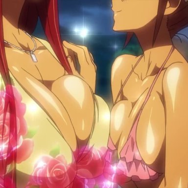 highschool of the dead, saya takagi, shizuka marikawa, 4girls, anime, ass, assisted exposure, asymmetrical docking, between breasts, bikini, blonde hair, blush, bouncing breasts, breast grab, breast hold