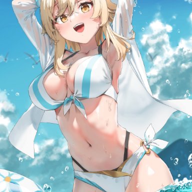 genshin impact, lumine (genshin impact), xkirara39x, 1girls, armpits, beach ball, bikini, blonde hair, breasts, cloud, curvaceous, curvy, female, human, large breasts