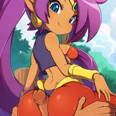 shantae, shantae and the pirate's curse, shantae (character), merunyaa, 1boy, ass, ass focus, ass grab, back, bandeau, blue eyes, breasts, buttjob, clothed female nude male, cowgirl position