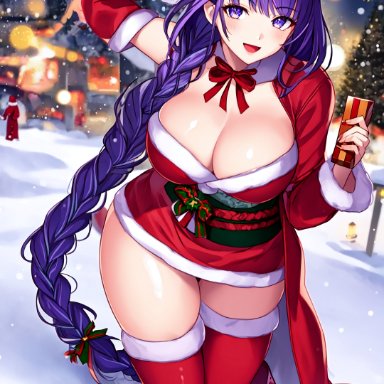 christmas, genshin impact, mihoyo, raiden shogun, nai diffusion, stable diffusion, 1girls, big breasts, braid, breasts, curvaceous, curvy, milf, red dress, santa costume