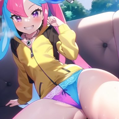 game freak, pokemon, pokemon sv, gym leader, iono (pokemon), lewdful, nai diffusion, stable diffusion, 1girls, blue hair, blush, breasts, character hair ornament, couch, jacket