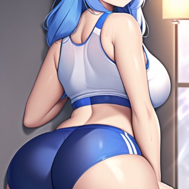 genshin impact, ganyu (genshin impact), stable diffusion, ahoge, alternate costume, ass, bare shoulders, blue hair, blush, breasts, female, from behind, goat horns, horns, huge ass