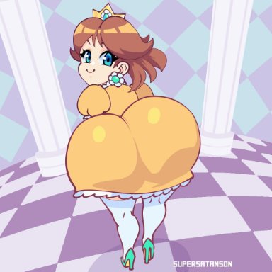 mario (series), nintendo, princess daisy, supersatanson, 1girls, ass, ass focus, ass shake, big ass, big butt, big thighs, blue eyes, bouncing ass, bouncing butt, bubble ass