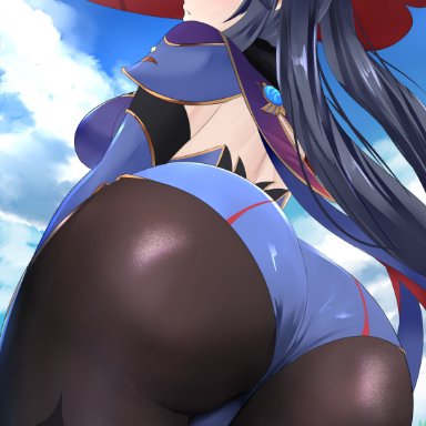 genshin impact, mona (genshin impact), sana!rpg, 1girls, ass, ass focus, ass shot, back, back view, backless outfit, black hair, breasts, bubble butt, clothed, female