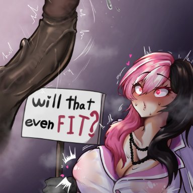 rwby, neo (rwby), blit t, 1girls, areolae, big areola, big breasts, big penis, black necklace, black neckwear, black penis, breasts, brown hair, clothed, clothing