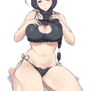 bleach, unohana retsu, kuma (jk0073), 1girls, black eyes, black hair, braid, breasts, cat cutout, cat lingerie, cleavage, cleavage cutout, clothing cutout, female, large breasts